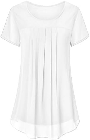 LEANI Women's Pleated Front Short Sleeve Crew Neck Casual Layered Chiffon Tunic Blouse Top