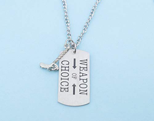 Ice Hockey Charm Pendant in silver pewter with stainless steel dog tag that reads"Weapon of Choice". Ice Hockey. Ice hockey stick.