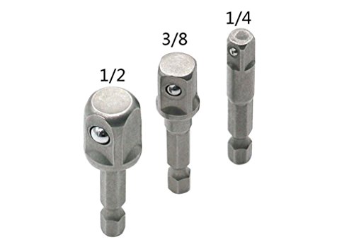 3 PC Impact Grade Socket Adapter/Extension Set Bit Set for Drills-Hex Shank Fits All Drills Turns any Power Drill into High Speed Nut Driver.3 Sizes, 1/4”, 3/8”, 1/2” (3 PC Value Pack 1/4" 3/8" 1/2")