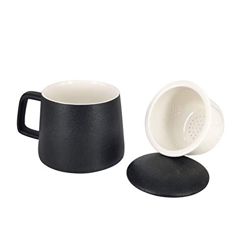 BPFY 13.5 Ounce Black Porcelain Tea Mug With Infuser and Lid, Ceramic Coffee Cup, Tea Cups for Loose Leaf Tea, Milk, Cocoa