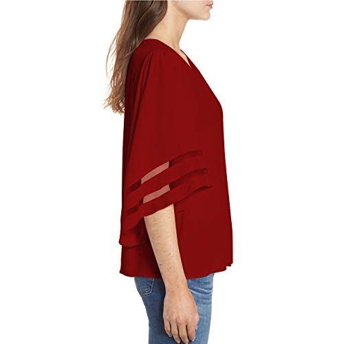 Shy Velvet Women's V Neck 3/4 Bell Sleeve Chiffon Blouse Mesh Panel Loose Top Shirts Wine - Thumbnail 3