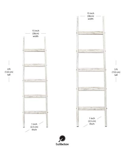 BALIBETOV Blanket Ladder-Decorative Wooden Blanket Rustic Ladder Bathroom Shelf- -Bathroom Decoration-Wooden Clothes Drying Rack-White Shelf-Ladder Bookshelf-Towel Rack Stand (Rustic White, 4)