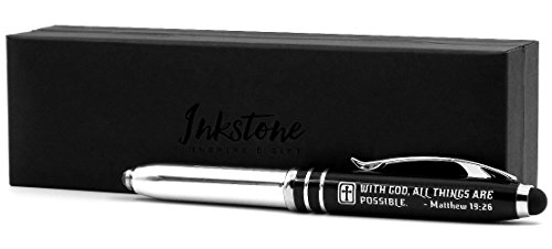 Matthew 19:26 Gift Pen with LED Light and Stylus Tip - "With God All Things Are Possible." - Inspirational Religious Bible Gift for Christian Man Woman - Engraved with Scripture and Cross
