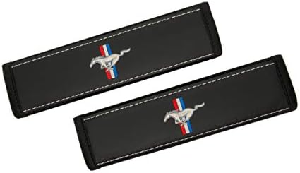 RS Car Interior Ford Mustang Black Leather Seat Belt Covers Embroidered Logo Shoulder Pads