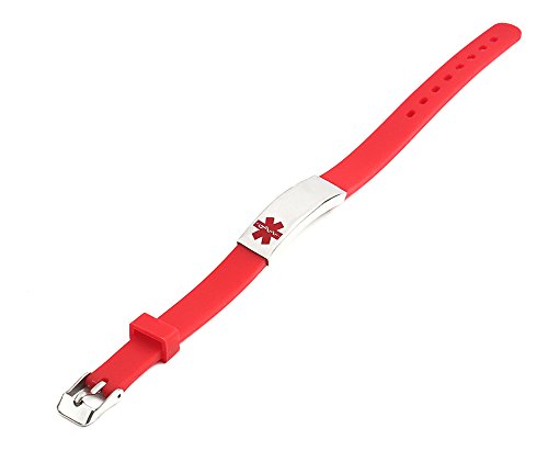 BAIYI Silicone Medical Alarm ID Bracelet Wristband Red for Women and Girls Free Engraving
