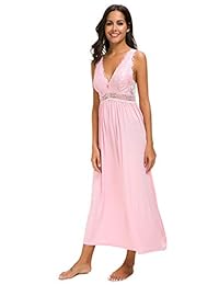 Camisón largo sexy de encaje con cuello en V, sin mangas, elegante, para mujer