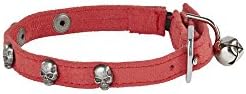 POOCHEE DESIGNS Cat Collar, Small, Red Ultra Suede and Skulls