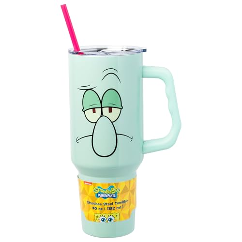 Silver Buffalo Spongebob Squarepants Featuring Squidward Tentacles Stainless Steel Tumbler with Handle and Straw, Fits in Standard Cup Holder, 40 Ounces