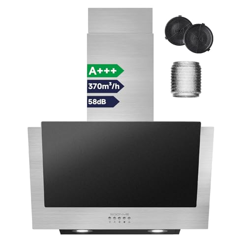 Soonye Inclined Extractor Hood 60 cm Class A+++, Kitchen Hood 370m³/h, Black Frosted Glass, Charcoal Filters Included, Wall Hood for Evacuation or Recycling