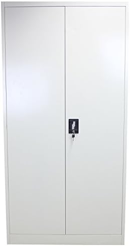 Office Filing Cabinet 2 Doors Metal Flatpack Document File Compartments Lockable Storage Shelf Cupboard Unit Light Grey 180cm