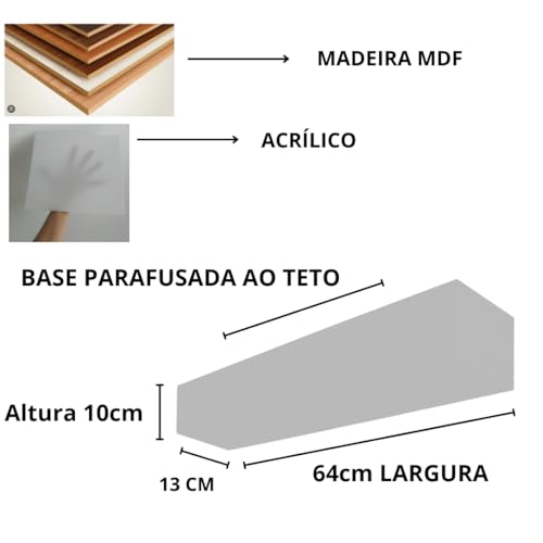 Luminária Plafon Retangular Lustre de Madeira 64x13 cm 18 Watts Freijó ou Imbuia com Acrílico Branco Leitoso