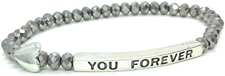 I Love You Forever Heart Charm Inspirational Quote Bracelet Bead Stacking Stretch Gift (Silver)
