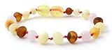 Unpolished Baltic Amber Teething Bracelet/Anklet Made with Rose Quartz Beads - Size 5.5 inches (14 cm) - Raw Multicolor Amber Beads - BoutiqueAmber (Raw Mix/Rose Quartz, 5.5 inches)