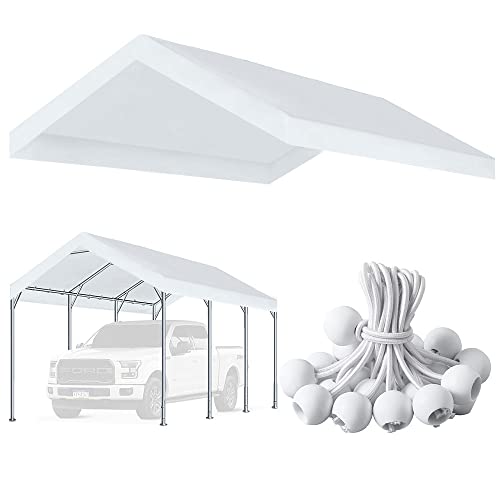 Photo 1 of 10'x20' Upgraded Carport Replacement Top Canopy Cover for Car Garage Shelter Tent Party Tent with Ball Bungees White (Only Top Cover, Frame is not Included)