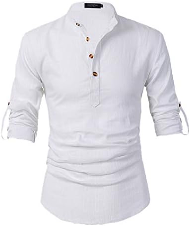 Men Henley Neck Roll Up Solid Long Sleeve Linen Band Collar Shirts