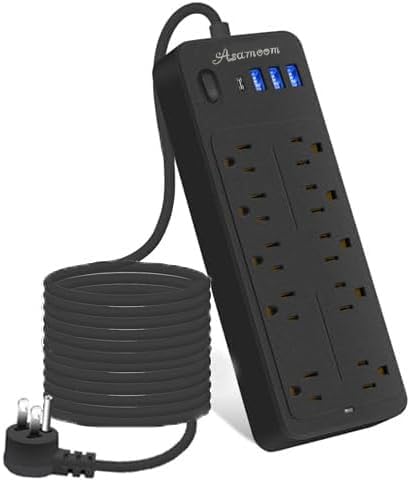 Photo 1 of Asamoom 25 FT 14-in-1 Power Strips with Surge Protection 1700J, 10 Outlets with 4 USB Ports (1 USB C) Long Extension Cord with Multiple Outlets 16Awg 1625W/13A Flat Plug Power Strip Protector Black