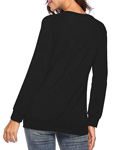 Womens Button Long Sleeve Tops Casual Blouses T-Shirt Round Neck Pockets Top Black L - Thumbnail 3