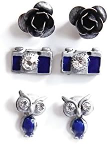 El Vincere Retro Cartoon Rose Owl Camera Fashion Ear Studs 3 Pairs (Blue)
