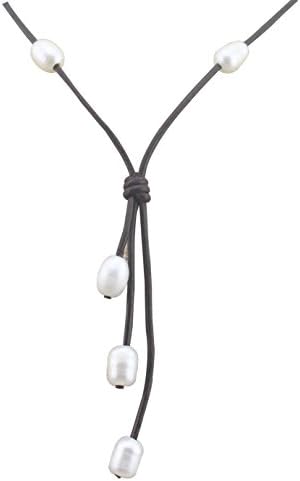 Long Pearl Necklace Costume Pendant Jewelry on Genuine Brown Leather Cord Women 29'' + 3''