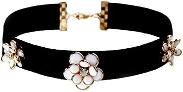 CONIFERA Choker with Black Suede and Gold Plated Extender Vintage White Camellia Jewelry for Women Girls