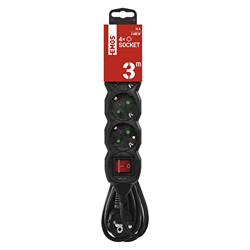 - Regleta de 4 enchufes 3m - con Interruptor - 4 Tomas Schuko girado 45° - 250 V, 16 A, 3680 W - Aislamiento PVC - H05VV-F3G 1,5 mm2 - Mayor protección táctil - IP20 para Interiores - Negro