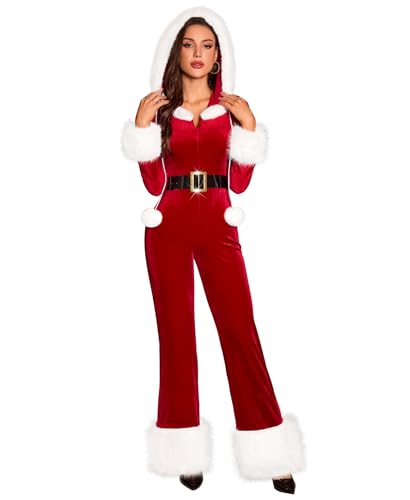 RSLOVE Women's Christmas Jumpsuit - Velvet Santa Costume Faux Fur Trim One Piece Holiday Xmas Outfit with Belt Red