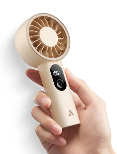 Aecooly Mighty Portable Hand Fan, Mini Handheld Fan Rechargeable [10H Max Cooling Time] with LED Display, 5 Speeds Powerful Small Personal Fan for Travel, Lash, Summer, Gifts for Women - Beige