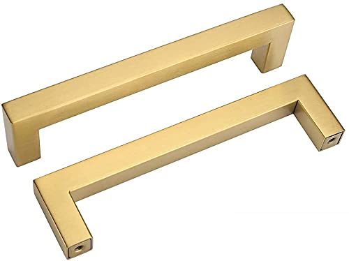goldenwarm 5 x Modern Brushed Brass 128mm Hole Square Drawer Pull Handles