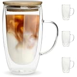 LUXU Glass Coffee Mugs 16 Oz,Set Of 4 Large Glass Coffee Cups Clear Tea Cups ,Iced Coffee Glasses,Lead-Free Drinking Glasses For Water,Cappuccino,Latte, Cereal,Yogurt,Milk-Flat Bottomed Design