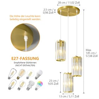 ZPBSJ Gold Crystal Chandelier, Hanging Dining Room Lamp, Nightstand Lamp, Flexible Adjustable Height, Ideal for Dining Room, Living Room and Kitchen Islands (3 Lights Gold)