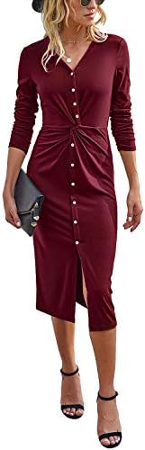 KIRUNDO 2020 Women’s Deep V Neck Dress Long Sleeves Solid Twist Front Bodycon Dress Button Down Tunic Midi Long Dress