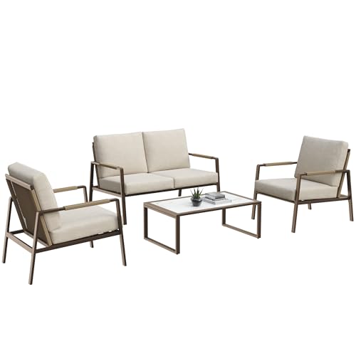East Oak 4-Piece Patio Furniture Set with Thick Cushions, 4 Seats Waterproof Ou…