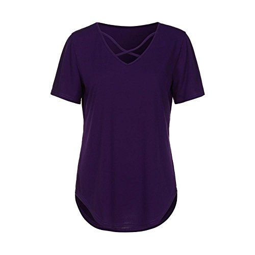 Women's Plus Size Shirt Tops Casual Short Sleeved Solid Criss Cross Front V-Neck T-Shirt Tops (US12=TagXL, Purple) - Thumbnail 3