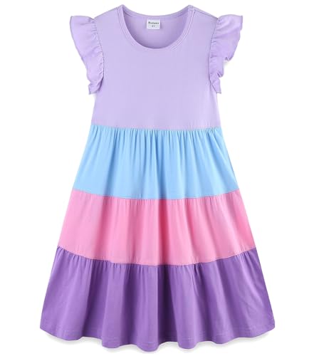Bumeex Girl's Dresses Cotton Ruffle Sleeve Tiered Swing A-Line Cute Midi Casual Sundress