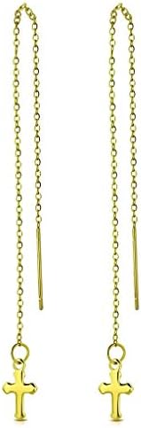 Gold Color Plated 316L Medieval Cross On Fashionable Gift Idea Chain Ear Thread Threader Long Drop Dangle Earings