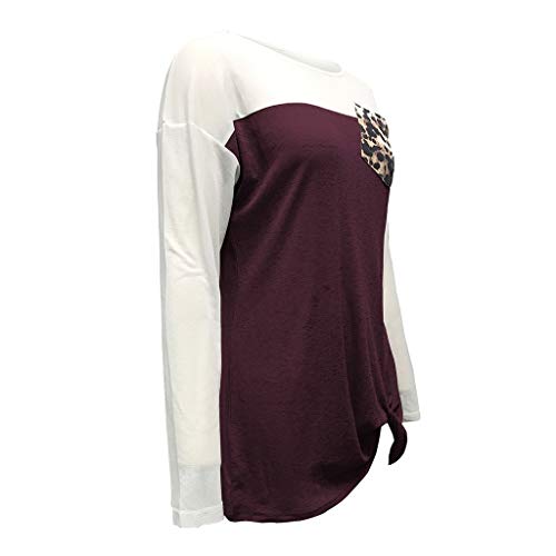 Women's Leopard/Sequin Pocket Autumn Tops Long Sleeves O Neck T Shirt Casual Basic Tees Wine