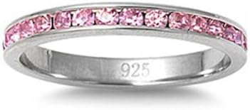 Sterling Silver Classy Eternity Band Ring with Pink Swarovski Simulated Crystals on Channel Setting with Rhodium Finish, Band Width 3MM - Crazy2Shop
