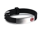Free Custom Engraving Men's Silicone Rubber Bracelet with Stainless Steel Medical Alert ID Adjustable length ,Black