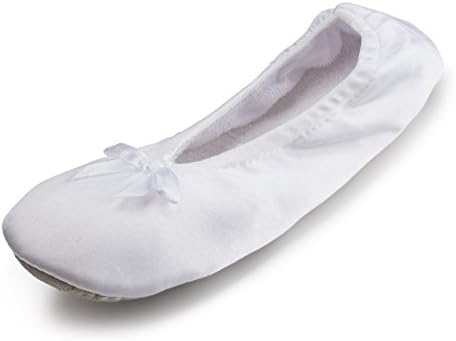 Satin Ballerina House Slippers for Girls w/Soft Cotton Terry Lining- Cute Ballet Indoor Shoes for Kids White Size L