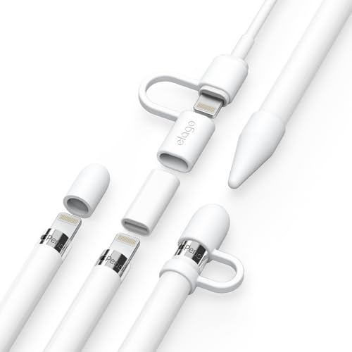 elago Pencil Protection Set Compatible with Apple Pencil 1st Generation, Cap Holder, Cap Replacement, Charging Cable Adapter Tether, Pencil Nib Cover, 4 Items Included [White]