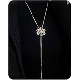 Wiwpar Sexy Long Chain Necklace Silver Large Pendant for Women Crystal Snowflake Pearl Drop Y Necklace Daily Winter Snowflake Flower Necklace Chain for Women (silver)