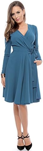 Blue Long Sleeve Bow-tied Wrap Dress (34, blue)
