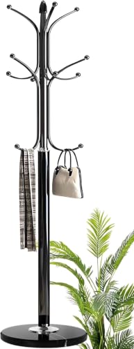 AUTOYSUR Metal Coat Rack Stand with Natural Marble Base, Tree Coat Rack Stand, Free Standing Hall Tree with 12 Hooks for Hanging Scarf, Bag, Jacket, Home Entry-way Hat Hanger Organizer (Black)