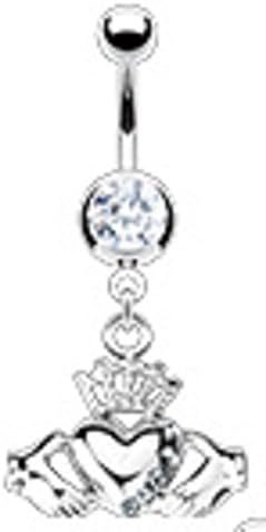Add-On Charm Clear Gemmed Claddagh Crown Heart Dangle Charm for Navel Rings, Dermal Anchors Labret cz top not included
