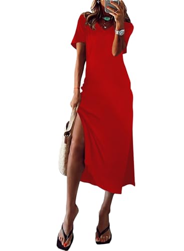 MARZXIN WOMEN 2025 CASUAL MAXI DRESS SHORT SLEEVE V NECK STRIPE SUNDRESS SPLIT LOOSE LONG SUMMER TSHIRT ACTIVEWEAR DRESS REDA M