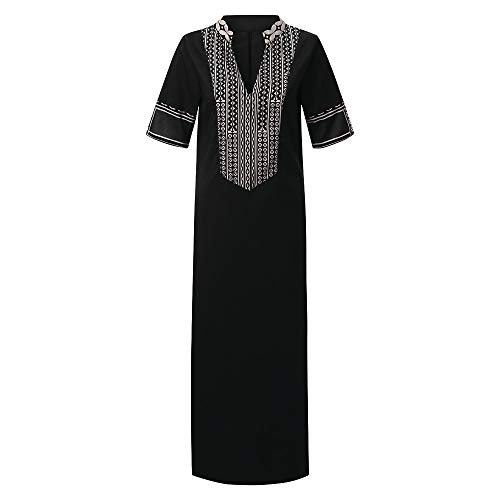 TIFENNY Vintage Long Dresses for Women Printed Long Sleeve V-Neck Maxi Dress Hem Baggy Kaftan Long Dress Black