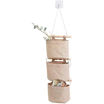 AARainbow 1 Pack Cotton Linen Fabric Closet Detachable Foldable Washable Hanging Storage Bag with 3 Pockets Over The Wall Door Organizer for Room Bathroom (Khaki)