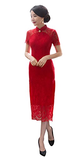 Angcoco Women's Red Double Layered Lace Cheongsam Wedding Bride Dress