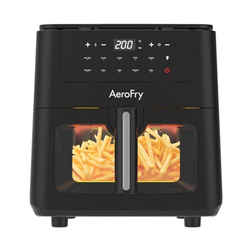 AEROFRY Digital Air Fryer 6L Panoramic glass, Oil Free Healthy Cooker with multiple Presets, Non-Stick Basket with 360° High speed air technology- Black | قلاية هوائية رقمية بدون زيت