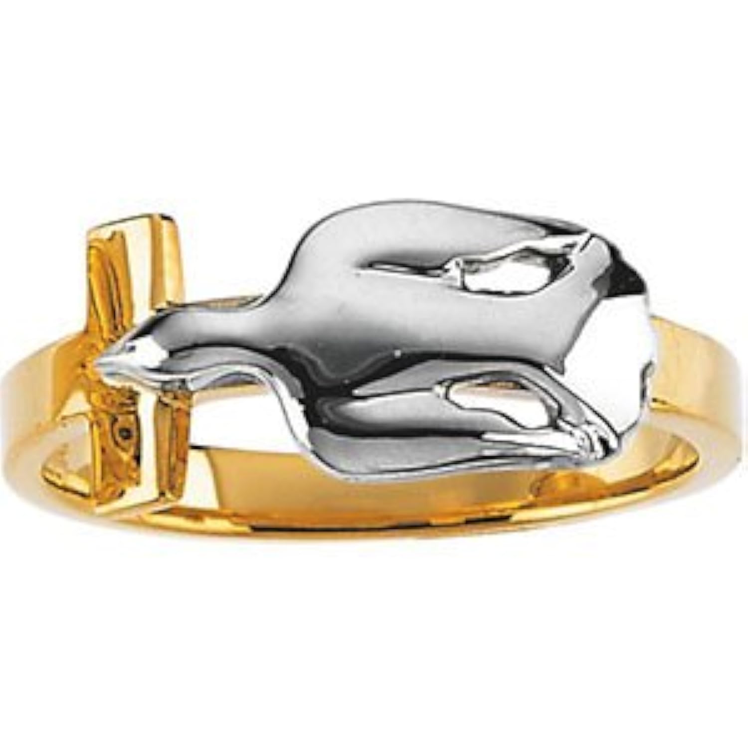 Dove with Raised Edge Cross Ring, Rhodium-Plated Semi-Polished 14k White and Yellow Gold. 